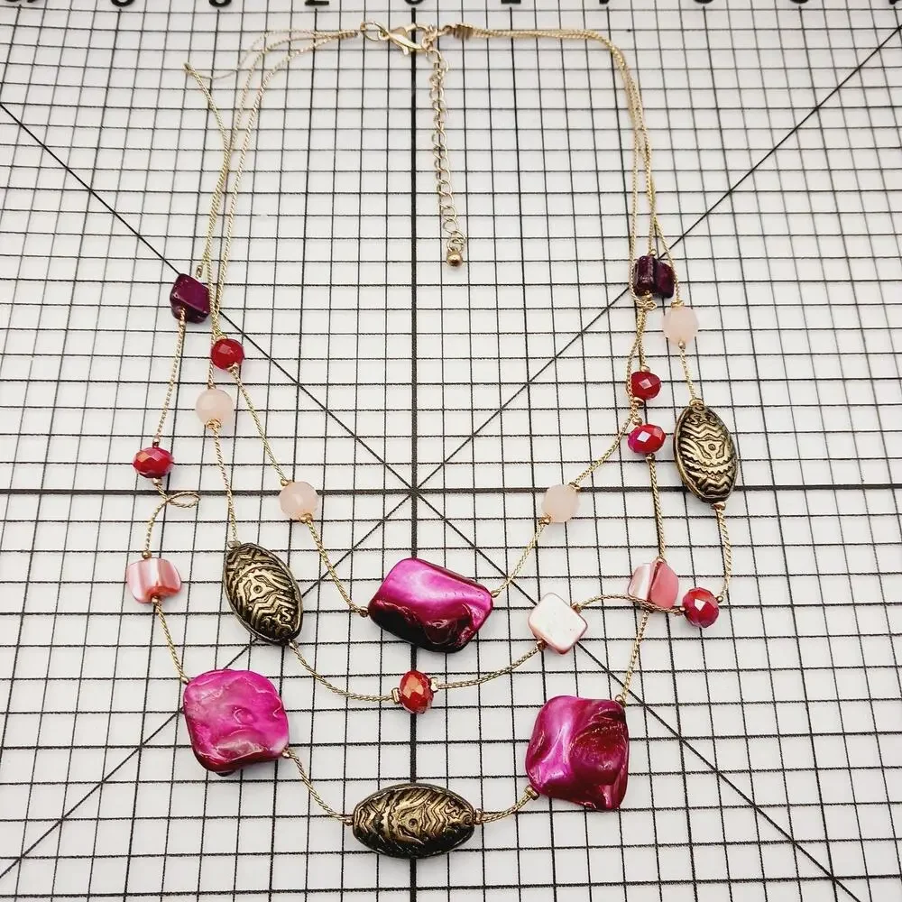 Necklace Multi Strand Pink Shell Bead Gold Tone Statement Resort Y2K Coquette